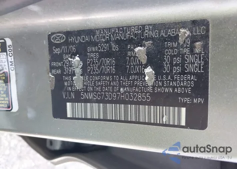 2007 Hyundai Santa Fe Gls z USA, uszkodzony, nr VIN 5NMSG73D97H032855